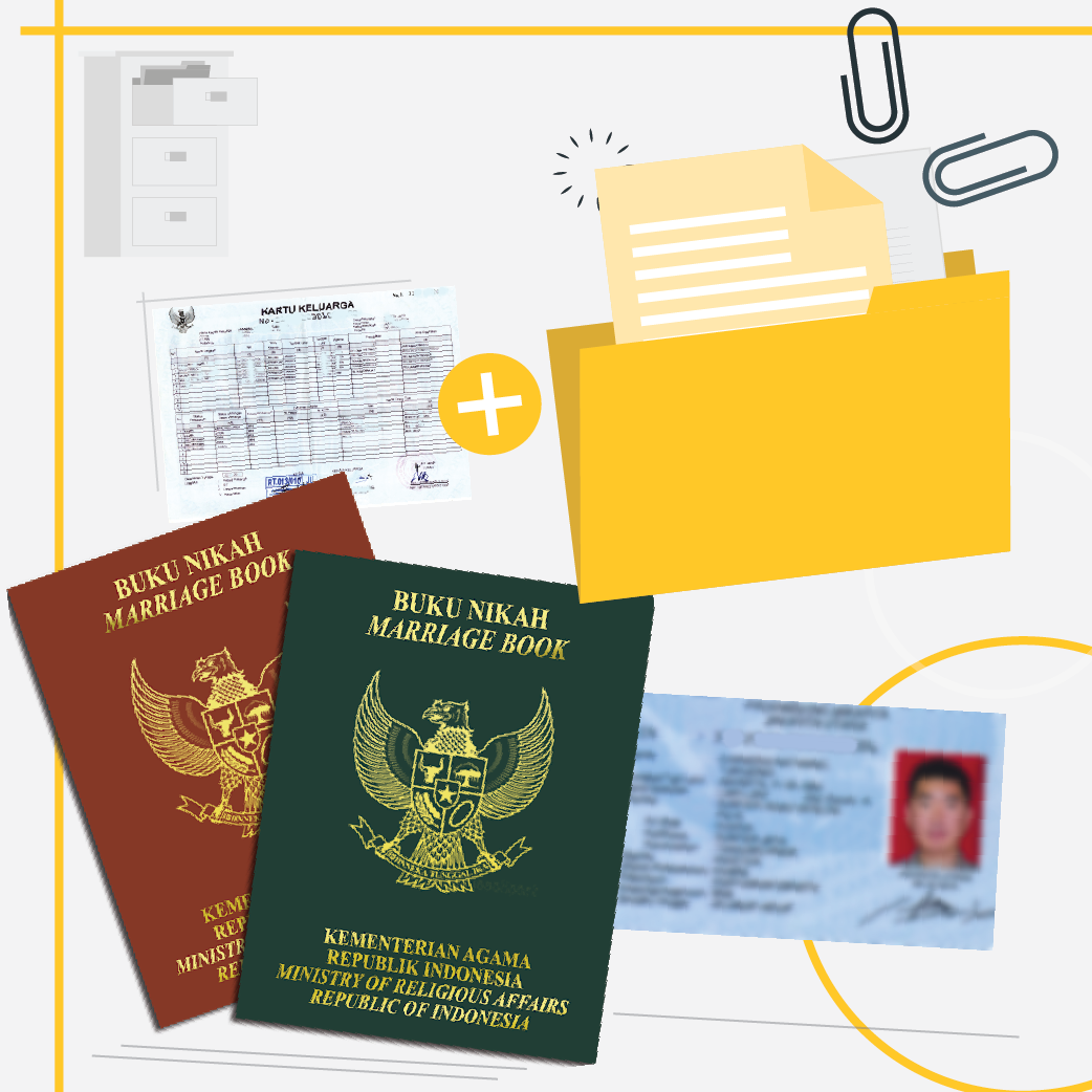 gambar ini mewakilkan sebagian dari berkas-berkas yang diperlukan sebagai persyaratan untuk pinjaman uang, baik surat nikah, Kartu Tanda Penududuk, Kartu Keluarga, dan animasi files